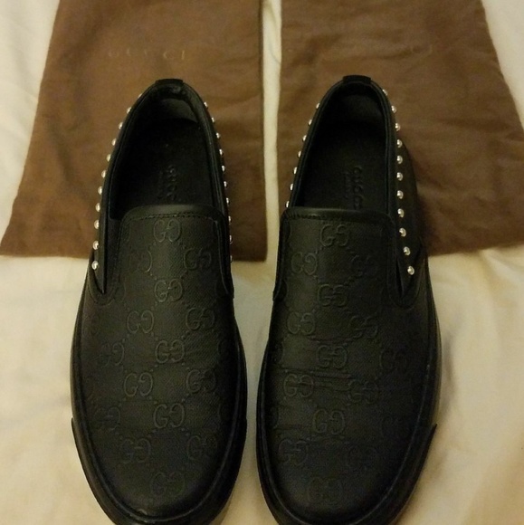 Gucci Black and Gold Studded Loafers - Picture 4 of 5